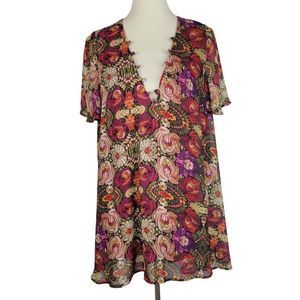 Show Me Your MuMu Red Floral Flare Loose Fit Short Sleeves V Neck Dress Size S